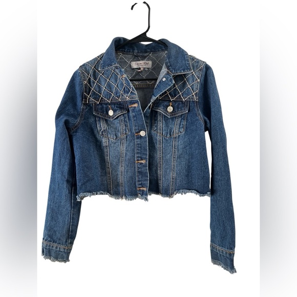 Denim blvd rhinestone crop jean jacket raw hem - Picture 1 of 5